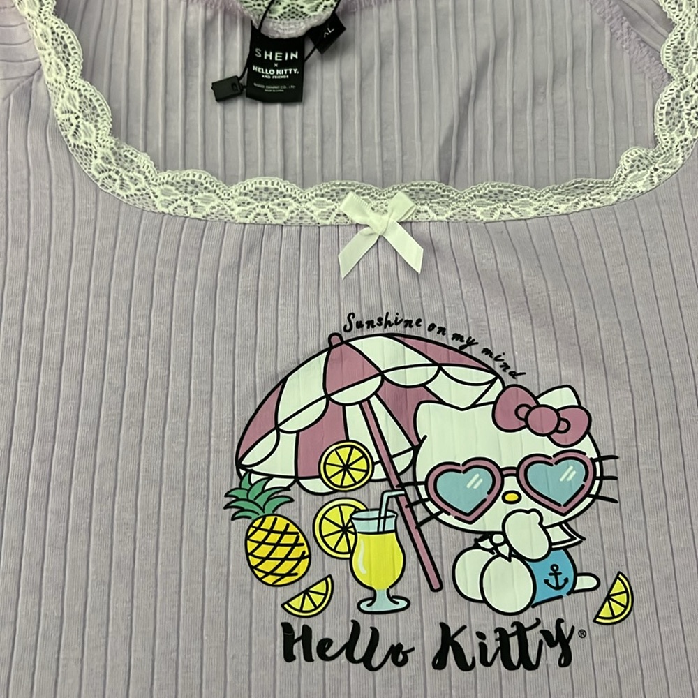 New Hello Kitty Shein Lavender Lace Trim Crop Top Size XL - Picture 2 of 5